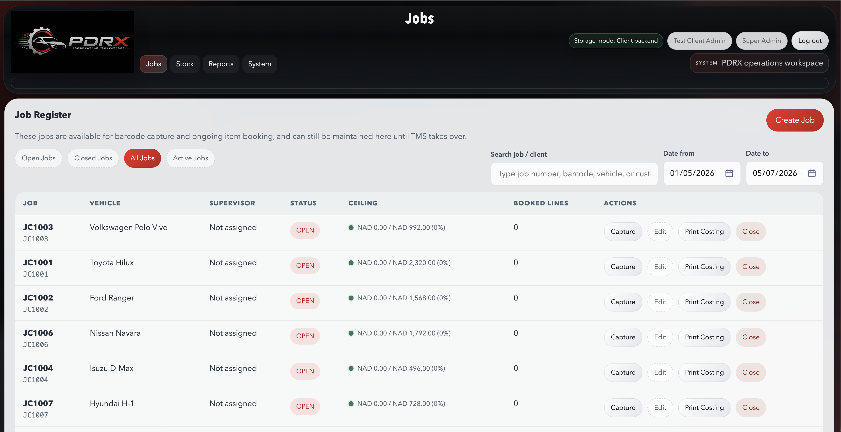 PDRX jobs register showing job list, ceiling values, and action buttons.
